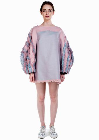 Krasimira-Stoyneva-bi-colour-mini-dress-frayed-sleeves